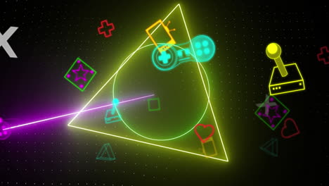 Animation-of-neon-video-game-digital-interface-flickering-over-neon-shapes