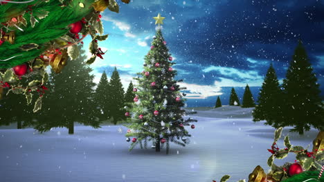 Christmas-wreath-decoration-over-snow-falling-on-christmas-tree-on-winter-landscape