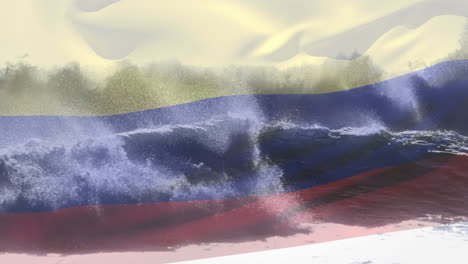Digital-composition-of-waving-columbia-flag-against-waves-in-the-sea