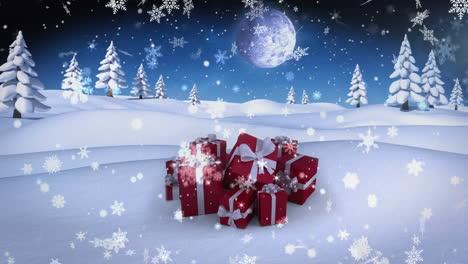 Snowflakes-falling-over-christmas-gifts-on-winter-landscape-against-moon-in-the-night-sky