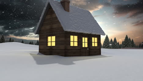 Animación-De-Nieve-Cayendo-Sobre-Una-Casa-En-Un-Paisaje-Invernal.
