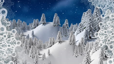 Snow-falling-over-multiple-tress-on-winter-landscape-against-night-sky