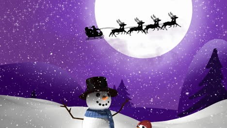 Animation-of-snowmanand-santa-claus-in-sleigh-with-reindeer-over-winter-landscape