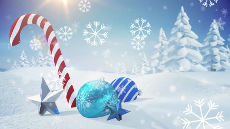 Animation-of-snow-falling-over-christmas-decorations-and-winter-scenery