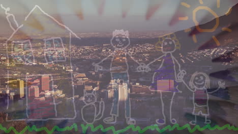 Digital-composition-of-colorful-pencils-spinning-over-family-painting-against-cityscape-at-night