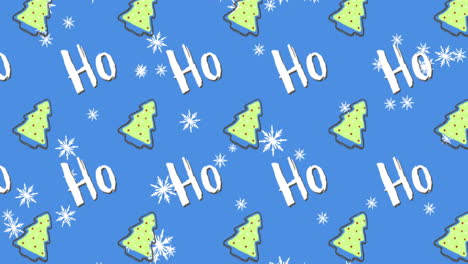 Animation-of-multiple-ho-ho-text-and-christmas-tree-on-blue-background