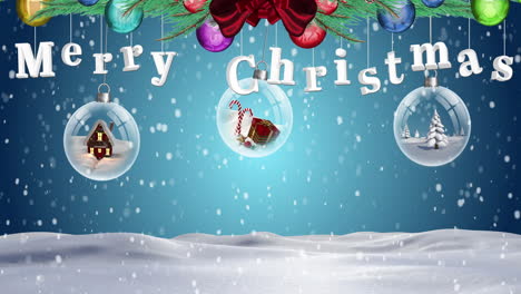 Fröhlicher-Weihnachtstext-Und-Hängende-Christbaumkugeldekorationen-Vor-Schnee,-Der-über-Die-Winterlandschaft-Fällt