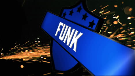 Animation-of-funk-text-on-shield-over-fireworks-on-black-background
