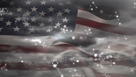 Animation-of-molecules-moving-over-american-flag-and-cloudy-sky