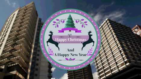 Round-grey-happy-christmas-and-new-year-text-banner-against-tall-buildings-in-background