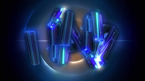 Digitale-Animation-Blauer-Kristalle-Vor-Orangefarbenen-Spiralförmigen-Lichtspuren-Auf-Blauem-Hintergrund