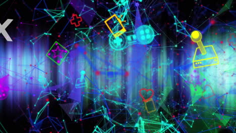 Animation-Farbenfroher-Spiel--Und-Mediensymbole-Und-Netzwerk-Von-Verbindungen-über-Leuchtend-Grünem-Licht