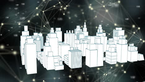 Animation-Eines-Netzwerks-Von-Verbindungen-Mit-Leuchtenden-Punkten-über-Einer-3D-Stadtbildzeichnung