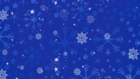 Animation-Von-Weihnachtssternen,-Die-über-Schneeflocken-Auf-Blauem-Hintergrund-Fallen
