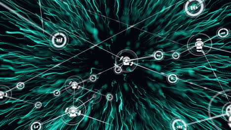 Animation-of-network-of-connections-with-digital-icons-over-green-explosion