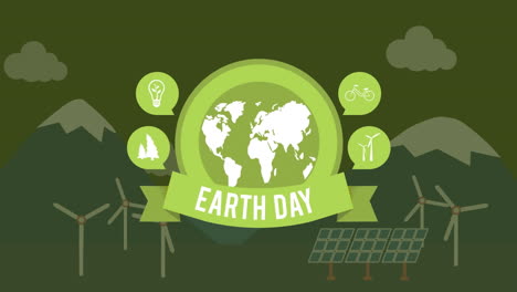 Animation-Von-Earth-Day-Und-Globus-über-Windkraftanlagen-In-Bergen-Auf-Grünem-Hintergrund