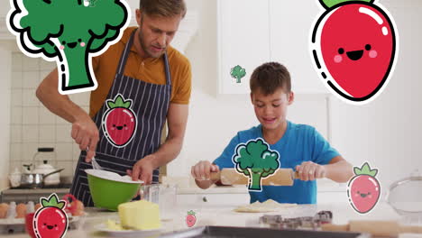Animation-of-smiling-vegetables-over-happy-caucasian-father-and-son-cooking-at-home