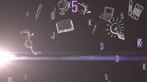 Animation-of-changing-numbers-and-letters-and-moving-school-items-and-light-on-dark-background