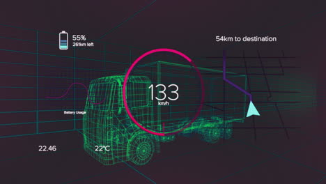 Animación-De-Velocímetro,-GPS-Y-Datos-De-Estado-De-Carga-En-La-Interfaz-Del-Vehículo,-Sobre-Un-Modelo-De-Camión-3D.