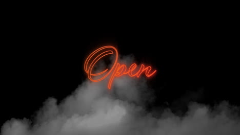 Digital-animation-of-neon-orange-open-text-sign-over-smoke-effect-against-black-background
