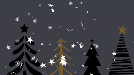 Animation-Von-Weihnachtssternen,-Die-Auf-Grauem-Hintergrund-über-Den-Wald-Fallen