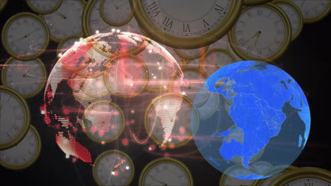 Animation-Des-Globalen-Netzwerks-über-Uhren-Und-Weltkarte