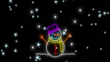 Animation-of-neon-snowman-over-snowflakes-on-black-background-at-christmas