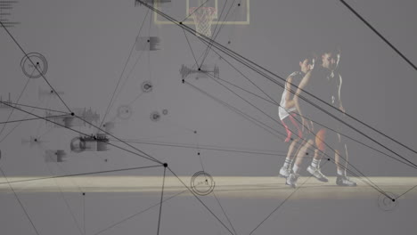 Animation-of-data-processing-and-networks-of-connections-over-diverse-basketball-players-at-gym