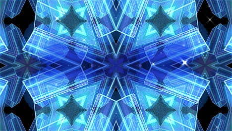 Digitale-Animation-Blau-Leuchtender-Kaleidoskopischer-Muster-Vor-Schwarzem-Hintergrund