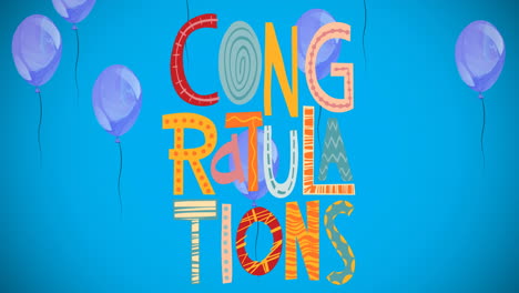 Animation-of-floating-purple-balloons-and-congratulations-on-blue-background