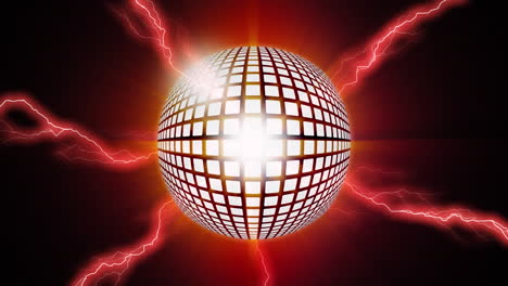 Animation-of-red-electric-currents-and-rotating-mirror-ball-on-black-background