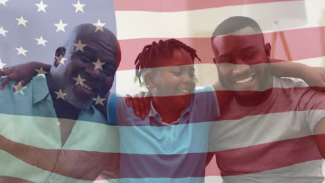 Animation-of-happy-african-american-family-embracing-over-american-flag