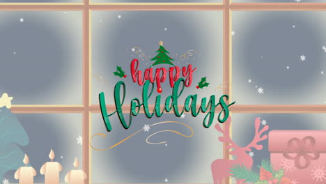 Animation-of-happy-holidays-text-over-window-and-decorations
