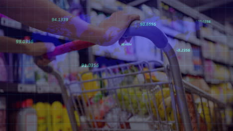 Animation-of-statistics-and-financial-data-processing-over-woman-pushing-shopping-trolley