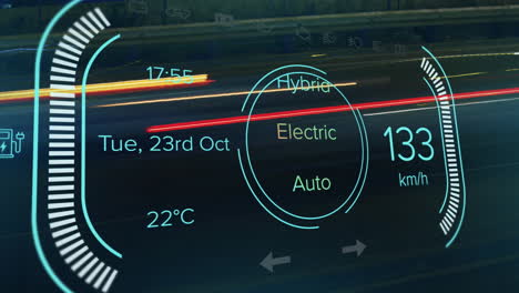 Animation-of-speedometer,-power-type,-charge-and-status-data-on-hybrid-vehicle-interface