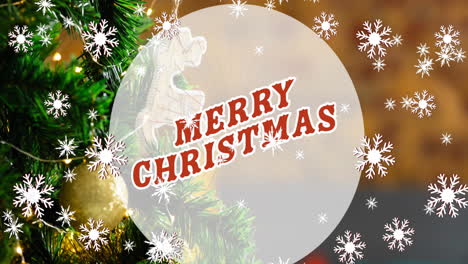 Animation-of-happy-christmas-text-over-snow-falling-and-christmas-decorations