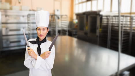 Animation-of-asian-female-chef-over-empty-kitchen