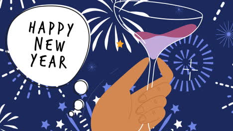 Animation-Eines-Frohen-Neujahrsgrußtextes-über-Einem-Glas-Champagner-Und-Feuerwerk-Auf-Blauem-Hintergrund