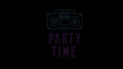Animation-of-neon-party-time-and-retro-radio-on-black-background