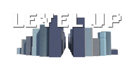 Animation-of-level-up-text-in-white-letters-over-cityscape-on-white-background