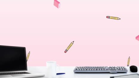 Animation-of-laptop-and-office-items-on-pink-background