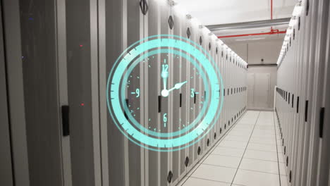 Animation-of-clock-moving-fast-over-computer-servers-in-tech-room