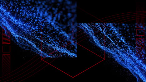 Animation-of-blue-wave-over-red-geometrical-shapes-on-black-background