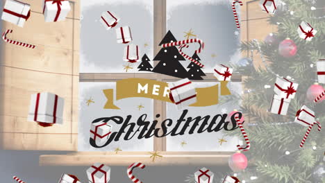 Animation-of-merry-christmas-text-over-presents-falling-and-window