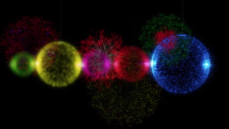 Animation-of-colourful,-glittering-baubles-with-christmas-and-new-year-fireworks-exploding,-on-black