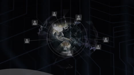 Animation-Von-Verbindungsnetzwerken-Mit-Symbolen-Und-Globus-Auf-Schwarzem-Hintergrund