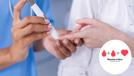 Animation-of-donate-blood-text-with-two-drops-making-heart-logo,-over-nurse-giving-donor-blood-test