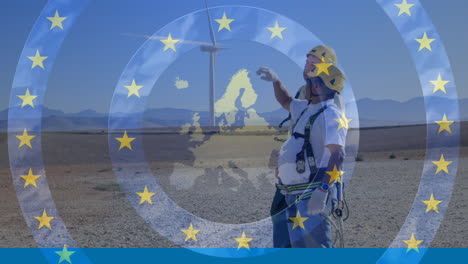 Animation-of-stars-and-blue-of-eu-flag-and-map-of-europe-over-engineers-and-wind-turbine