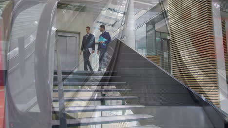Animation-of-escalators-over-business-people-talking-in-modern-office