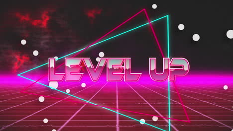 Animation-of-level-up-over-triangles-in-pink-and-black-digital-space